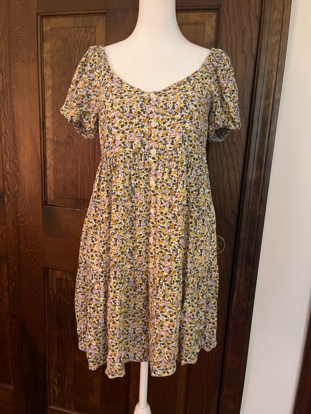 wild fable Yellow and Green Floral Button-Front Mini Dress